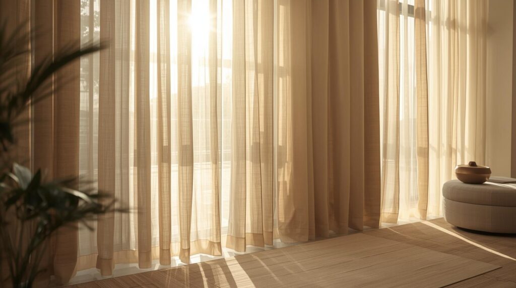 airy Dubai living room or villa dining area with natural linen curtains