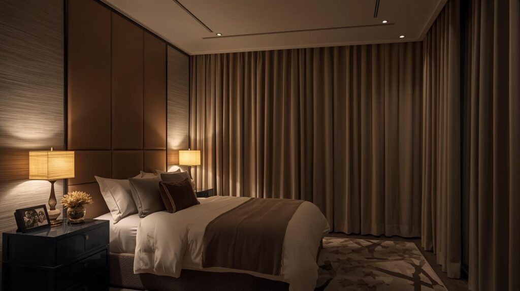 Blackout curtains in Dubai bedrooms create complete darkness even during the city's intense summer mornings