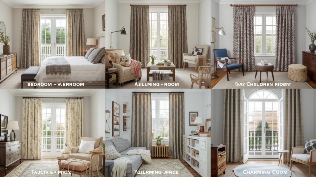 showing the recommended curtain solution installed in each room type
