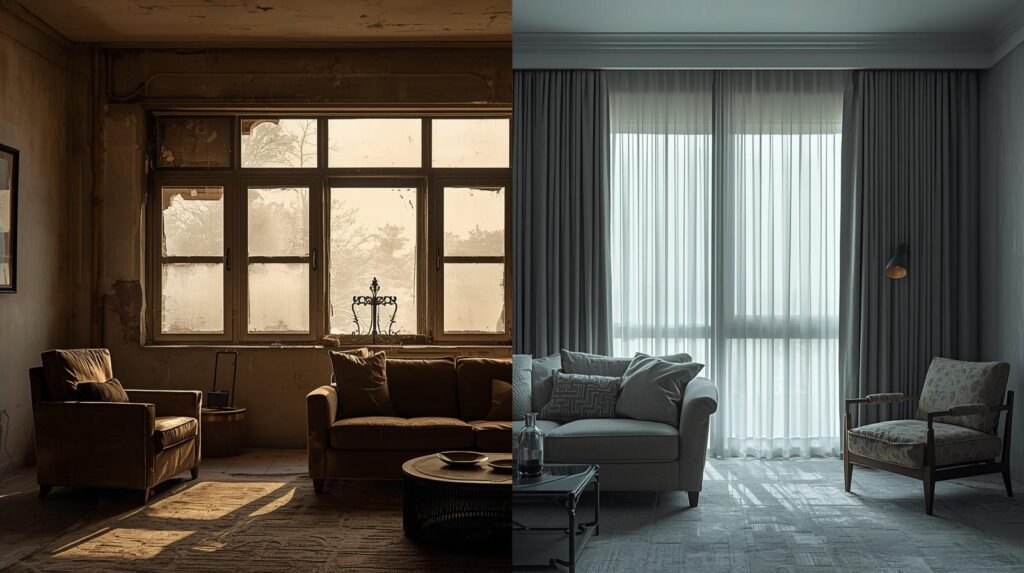 showing two Dubai living rooms side by side