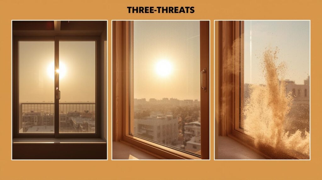 visually anchors the three-threat framework and is highly shareable.