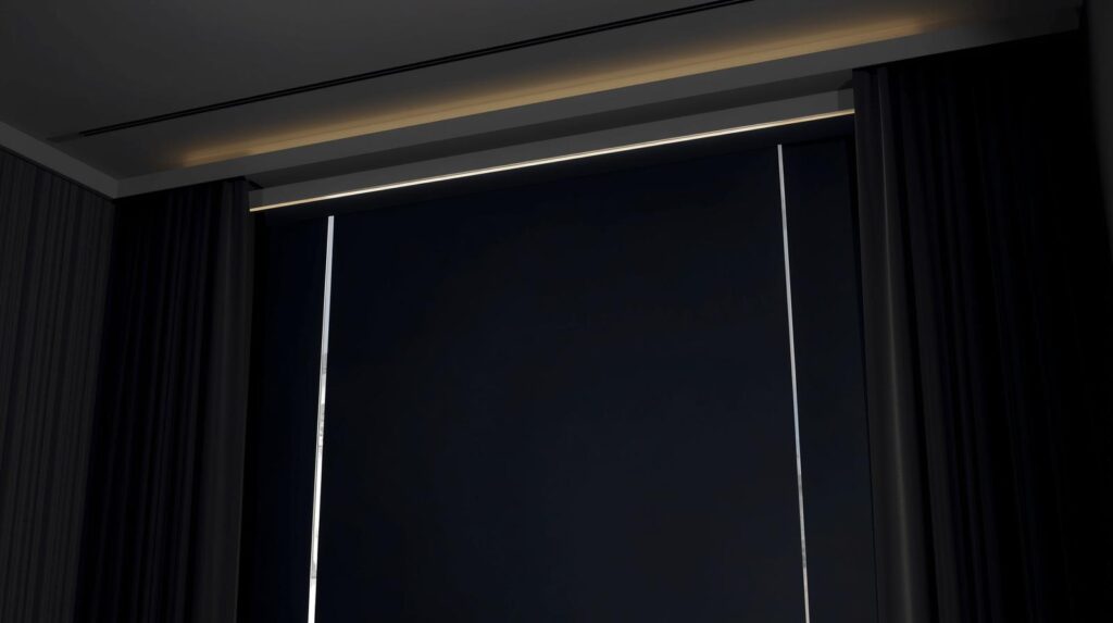 Dubai bedroom with properly installed floor-to-ceiling blackout curtains on a ceiling-mounted track