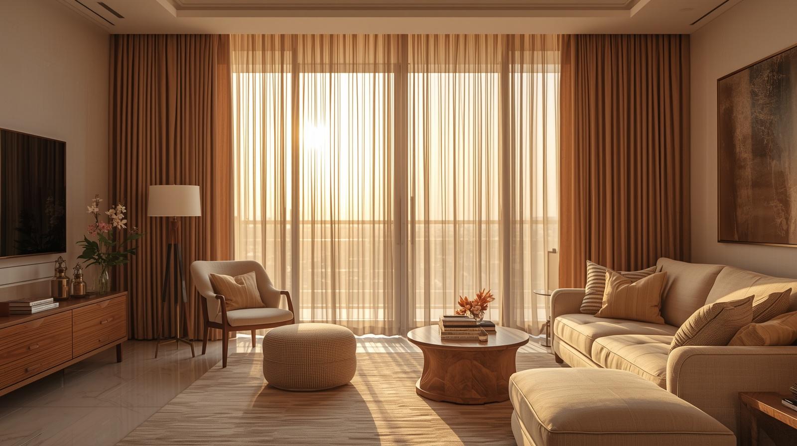 modern Dubai living room with floor-to-ceiling curtains drawn halfway, warm afternoon light visible through sheer panels