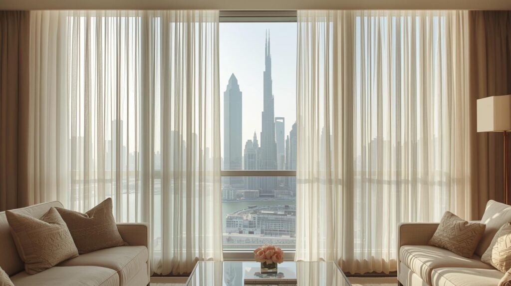 Sheer curtains in Dubai living rooms diffuse harsh sunlight into soft, comfortable brightness without losing the view